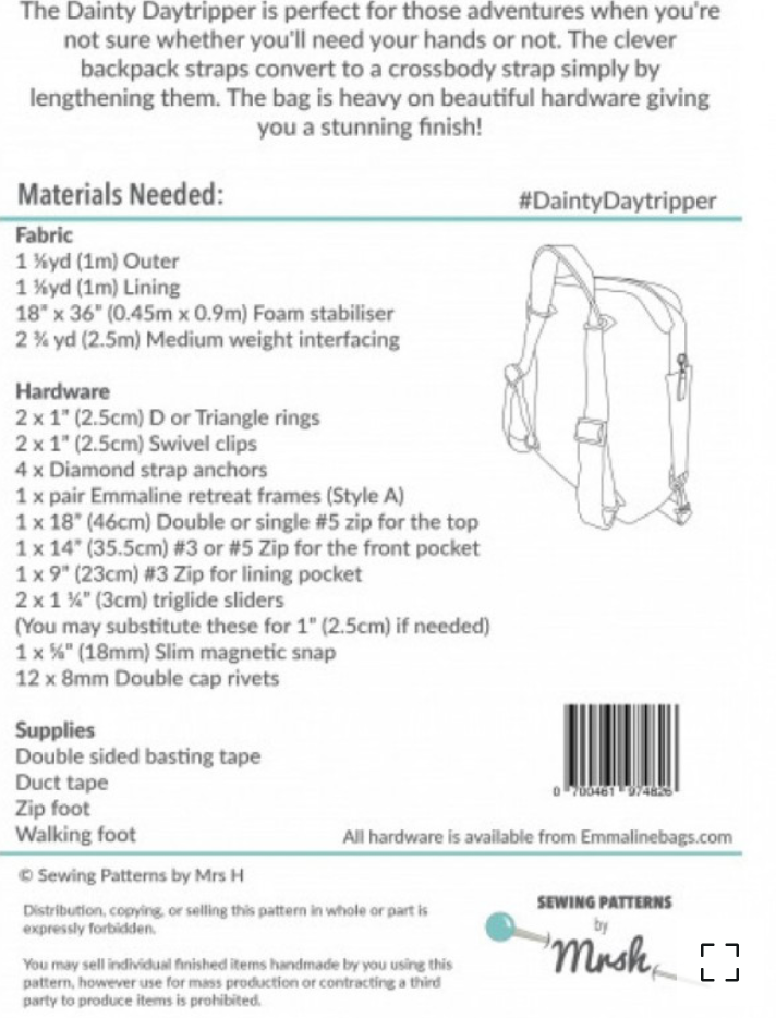  Sewing Patterns by Mrs H - The Dainty Daytripper -, Paper Pattern,  fabric required