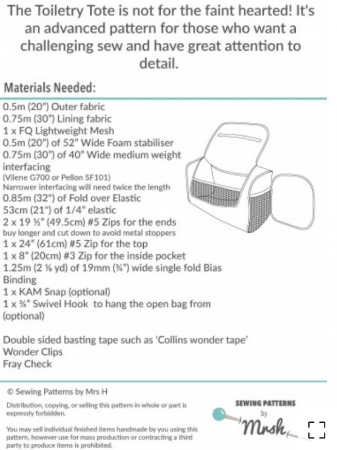  Sewing Patterns by Mrs H - The Toiletry Tote -, Paper Pattern,  fabric required