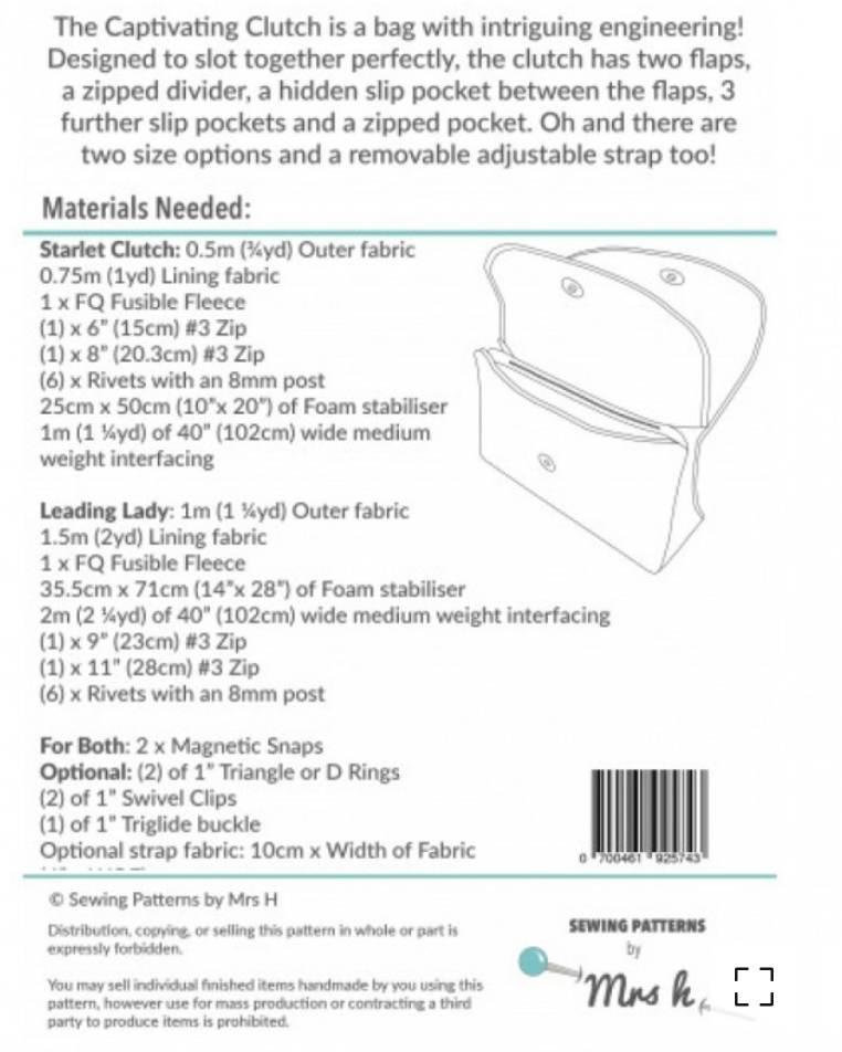  Sewing Patterns by Mrs H - Captivating Clutch -, Paper Pattern,  fabric required