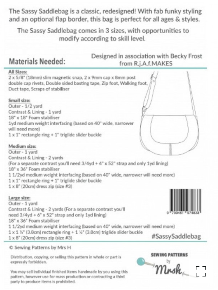  Sewing Patterns by Mrs H - The Sassy Saddlebag -, Paper Pattern,  fabric required