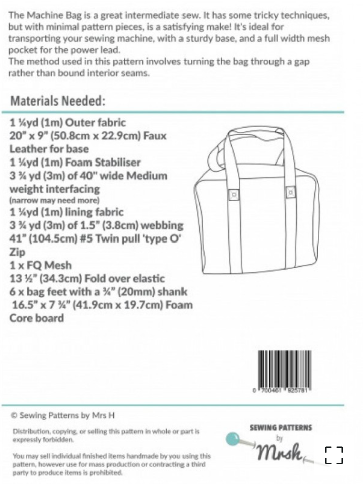  Sewing Patterns by Mrs H - The Machine Base -  Fabric required - paper pattern and instructions only