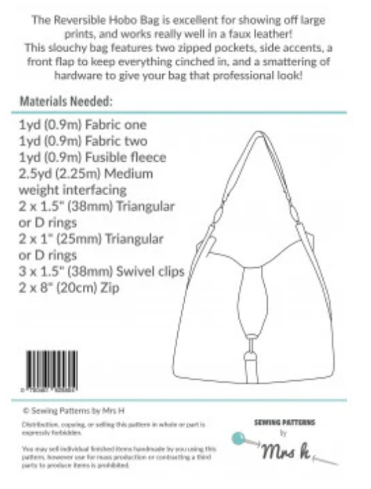  Sewing Patterns by Mrs H - Reversible Hobo Bag -, Paper Pattern,  fabric required