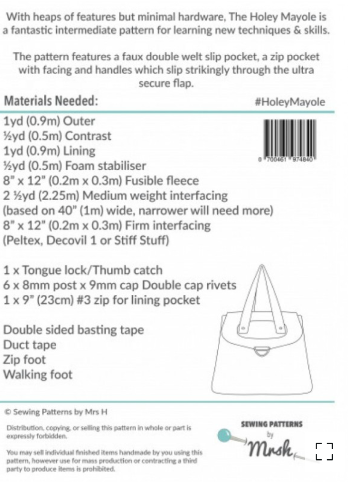  Sewing Patterns by Mrs H - The Holey Mayole Bag -, Paper Pattern,  fabric required