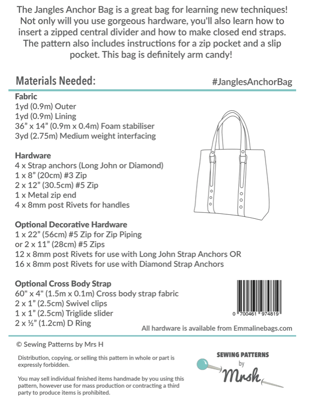  Sewing Patterns by Mrs H - The Jangles Anchor Bag -, Paper Pattern,  fabric required