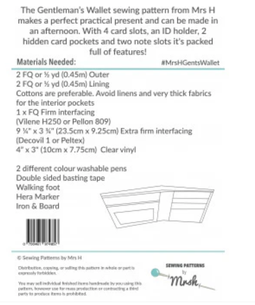 Sewing Patterns by Mrs H - The Gentleman's Wallet -, Paper Pattern,  fabric required