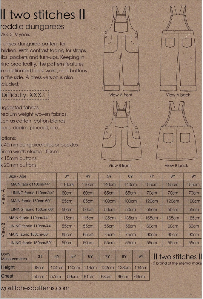  Two Stitches Patterns - Freddie Dungarees -, Paper Pattern,  fabric required
