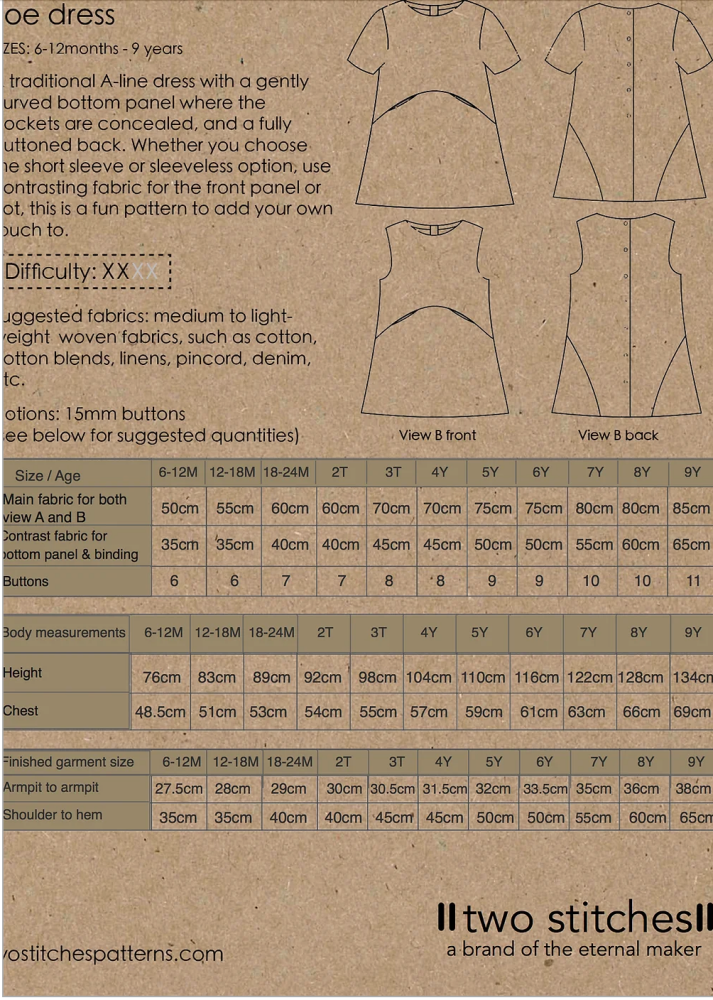  Two Stitches Patterns - Zoe Dress -, Paper Pattern,  fabric required