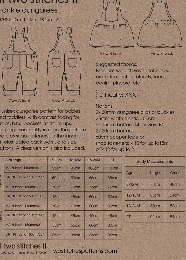  Two Stitches Patterns - Frankie Dungarees -, Paper Pattern,  fabric required