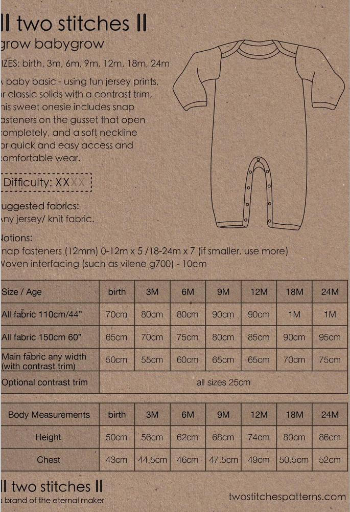  Two Stitches Patterns - Grow Babygrow -, Paper Pattern,  fabric required