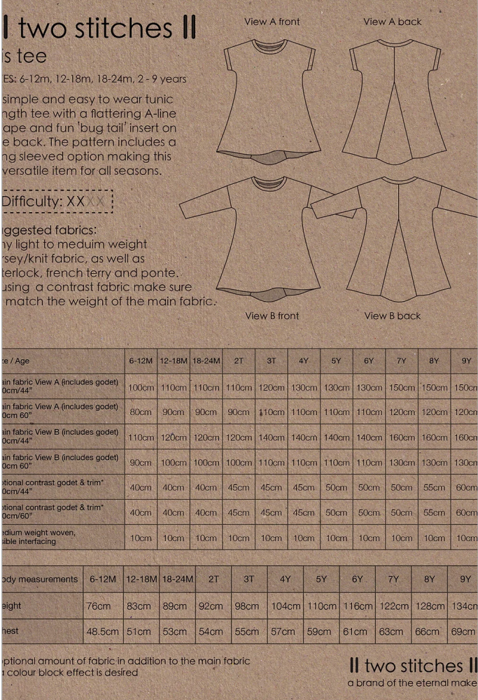  Two Stitches Patterns - Iris Tee -, Paper Pattern,  fabric required