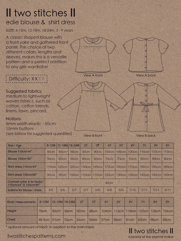  Two Stitches Patterns - Edie blouse & shirt dress -, Paper Pattern,  fabric required
