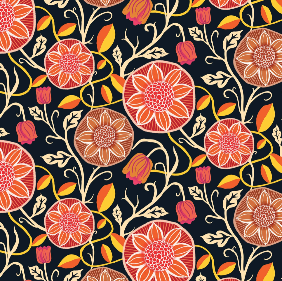 100% Cotton from Savanna Rawson, Lilycraft Fire, Floral Branches Black, per fat quarter