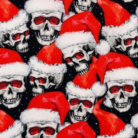 100% Cotton from Crafty, Santa hat Skulls, Creepy Christmas, per half metre