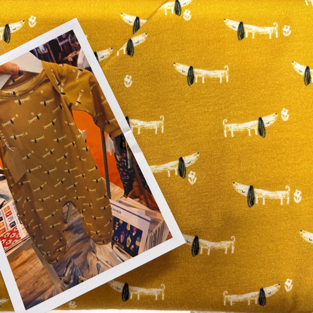 Dashwood  Jersey Knit -MORI1149 -Daschsunds on mustard - Per Half Metre