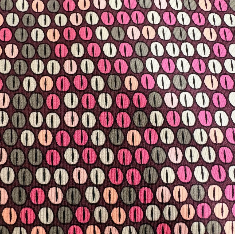 Dashwood  Jersey Knit - Cats eyes - circles - Pattern - 11328/017 - colour Pinks & Greys - Per Half Metre