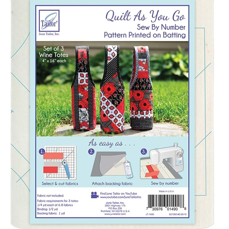  June Taylor - Quilt as you go -, Wine Totes, Set of 3,  fabric required