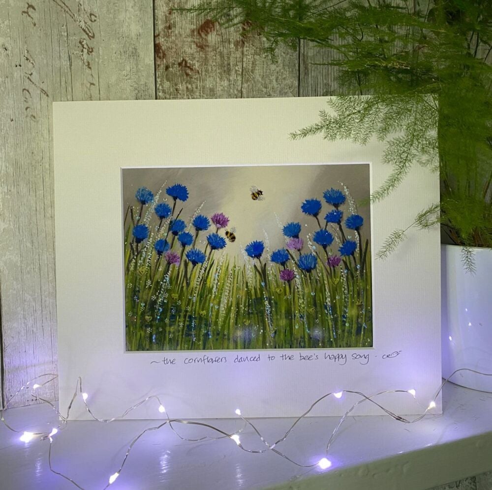 The cornflowers danced to the bee's happy song - Mounted print