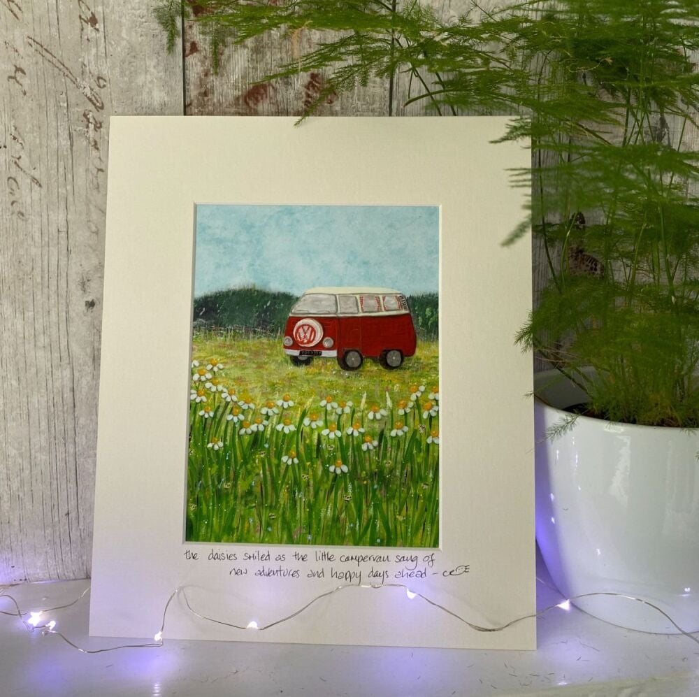 As the daisies smiled the little campervan sang of new adventures and happy days ahead - Mounted print