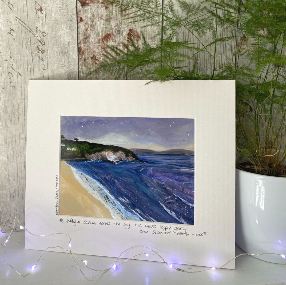 Falmouth, twilight at Swanpool beach (long)  - Mounted print