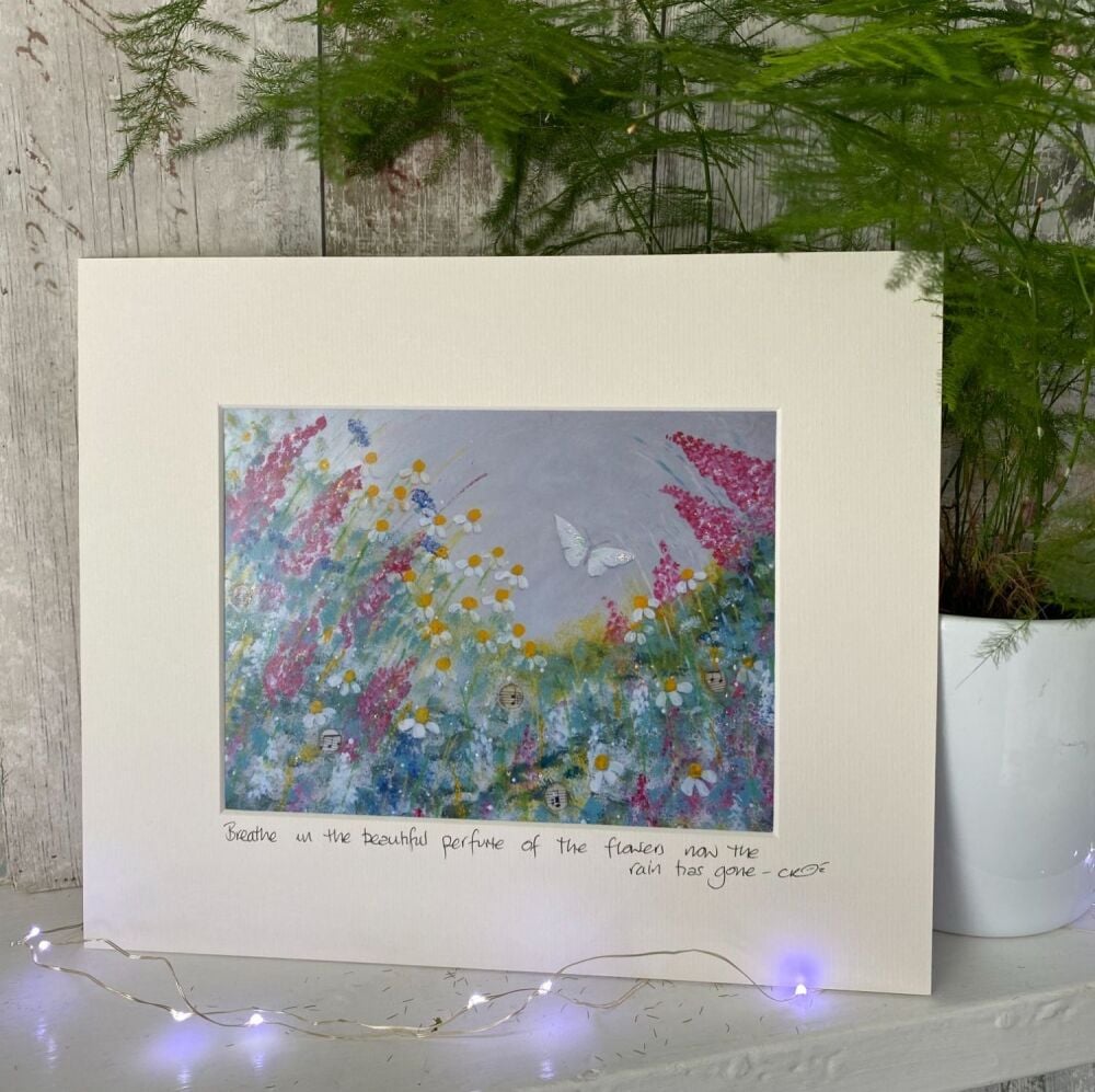 Breathe in the beautiful perfume of the flowers now the rain has gone - Mounted print