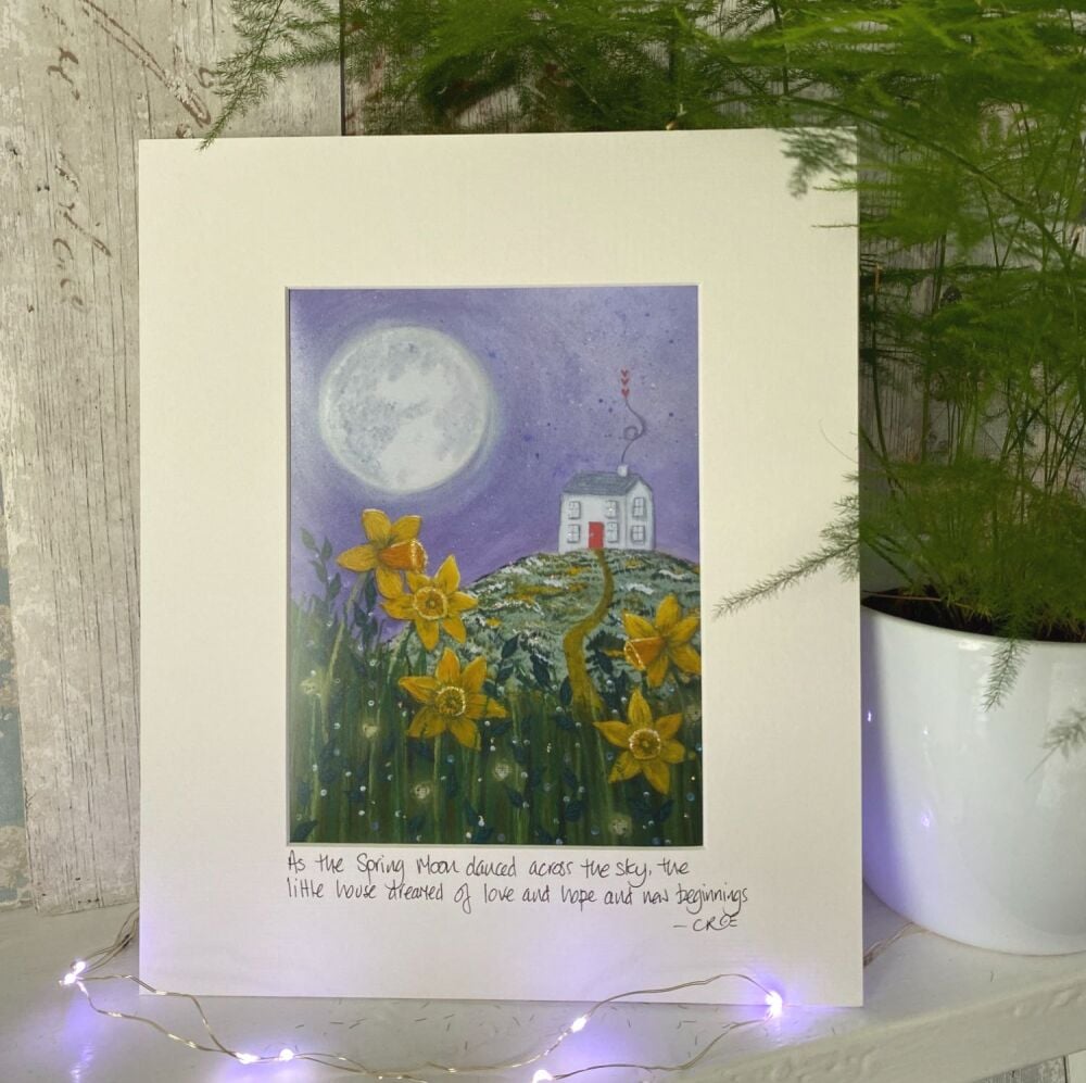 As the spring moon danced across the sky, the little house dreamed of love, hope and new beginnings - Mounted print