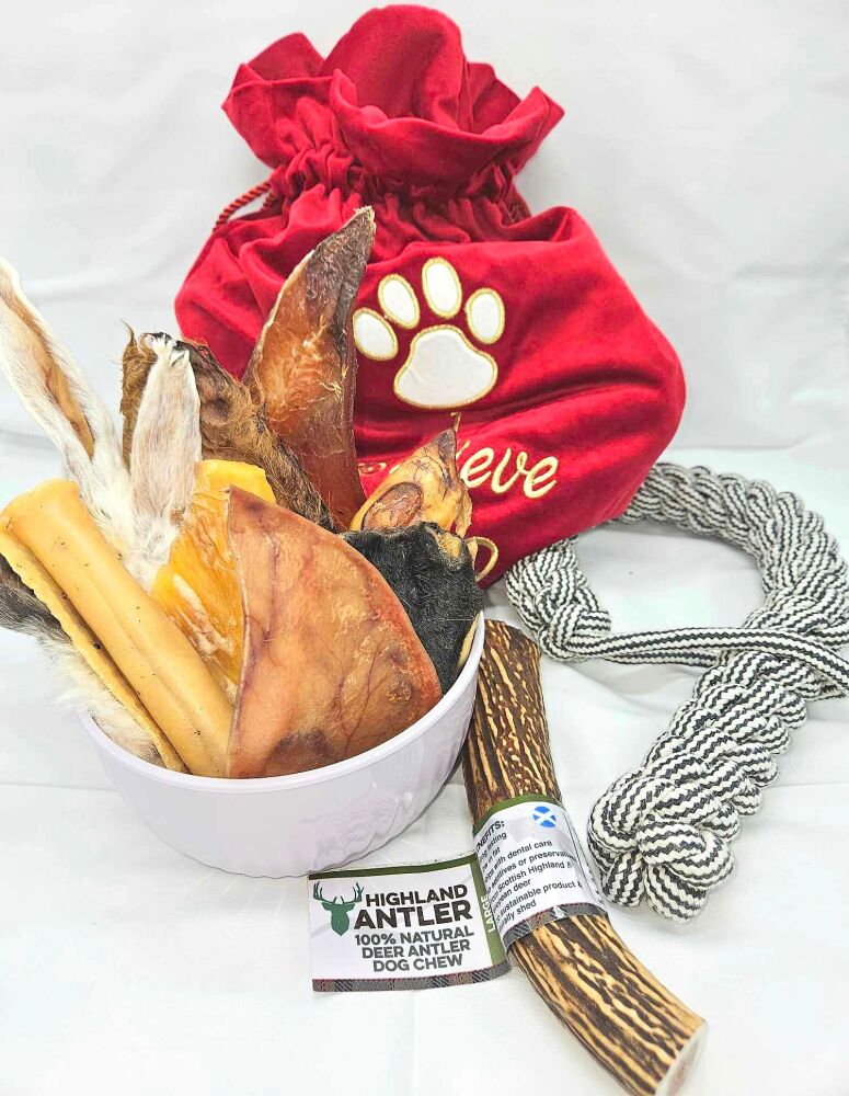 Red Christmas Sack Treat, Chew, and Toy Selection