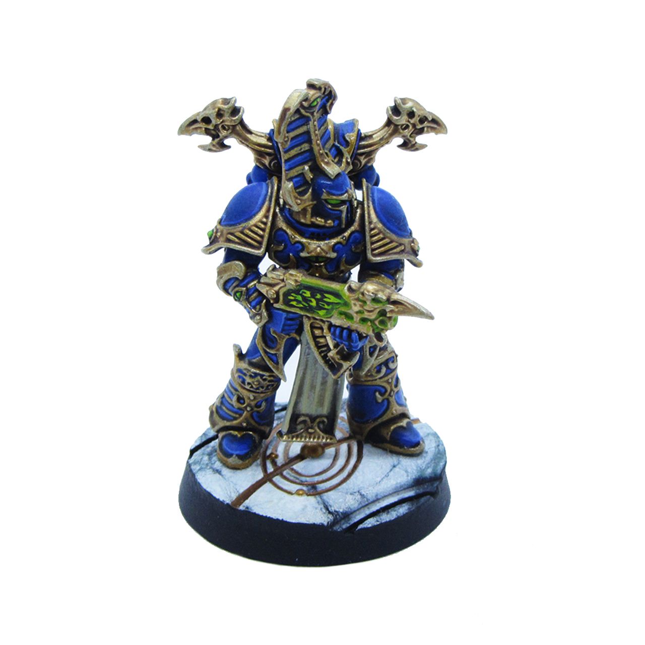marble effect planetary temple wargaming base with thousand sons miniature from games workshop