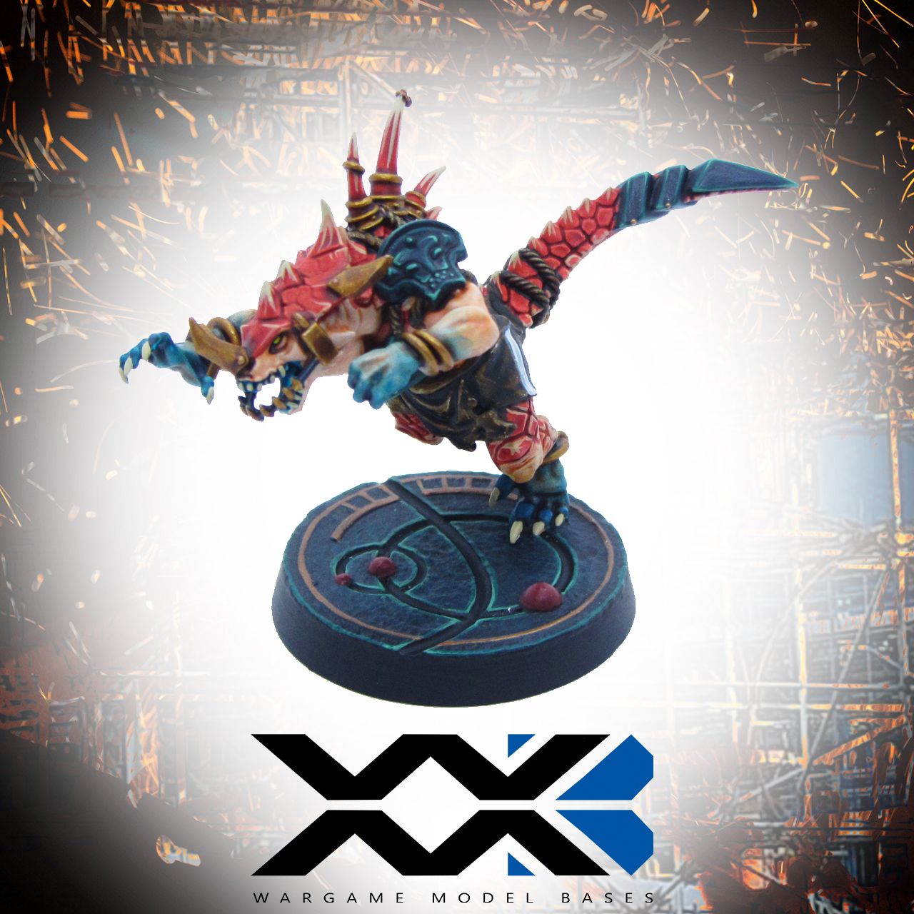 blood bowl saurus by games workshop on planetary temple base