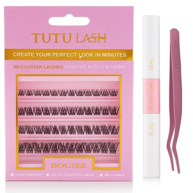 TUTU LASH Boujee Cluster Lash Kit 48 Lash Cluster Box, Seal & Bond, Lash Cluster Applicator, Re-usable clusters, strong bonding up to 7 Days wear