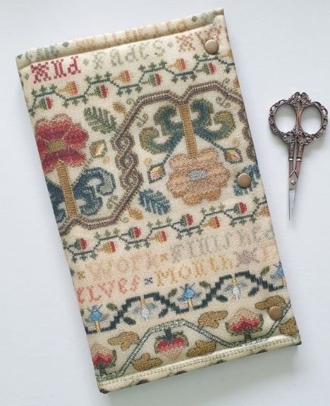 Stitching companion, Dorcas Haynes sampler print, 15"x12" open.