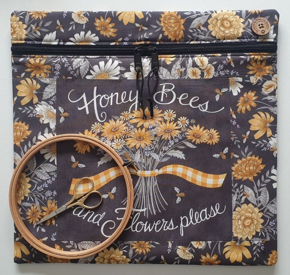 Lavender and Honey project bag 'Honey Bees and Flowers Please'. H13" x W13.5".