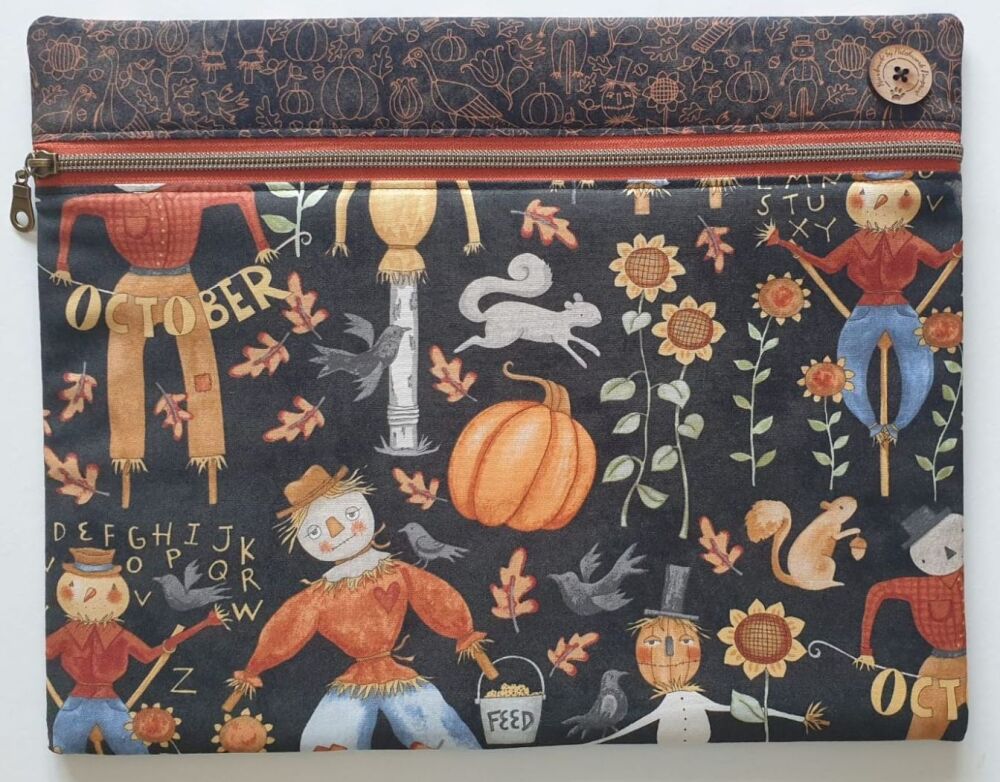 Bittersweet Farm by Teresa Kogut W14"xH11". Halloween, pumpkins, scarecrows. (Black.)