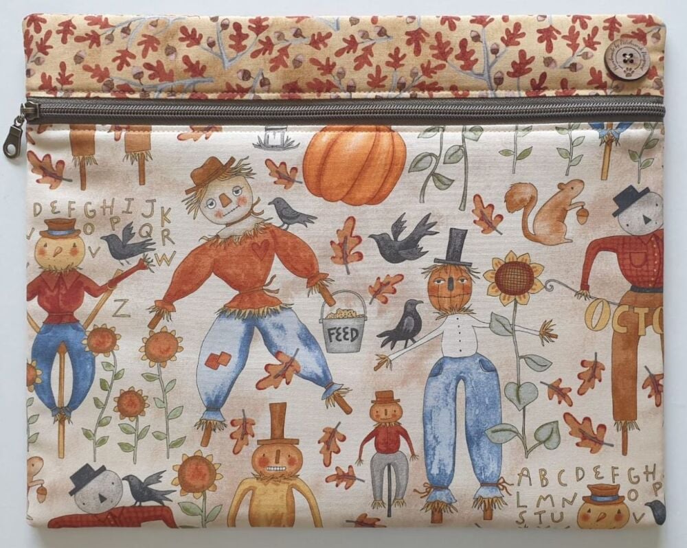 Bittersweet Farm by Teresa Kogut W14"xH11". Halloween, pumpkins, scarecrows. (Beige & khaki.)