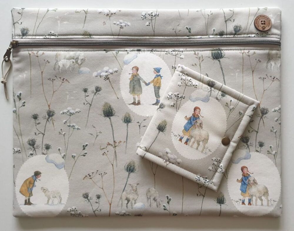 Set: Winter kids and sheep ovals project bag & floss keeper. Acufactum.