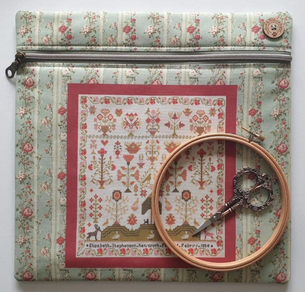 The Queen of the May, Elizabeth Stephenson sampler-panel project bag, 1854, sage floral stripe. (HATS)