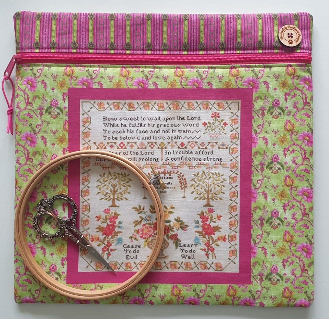 Magdalena Outhwaite aged 12 years 1833, sampler-panel project bag. (HATS)