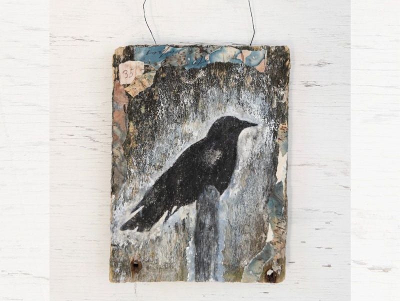 raven collage on reclaimed wood, art by roanne