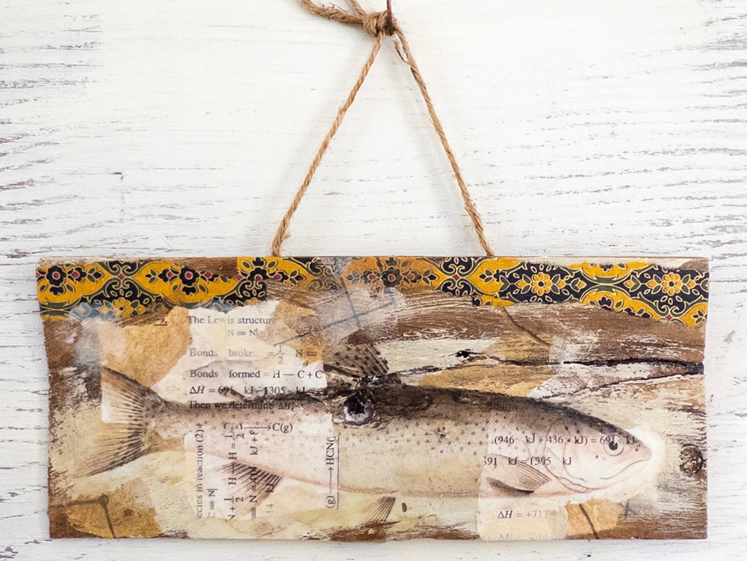 fish collage on barnboard Roanne's mixed media art