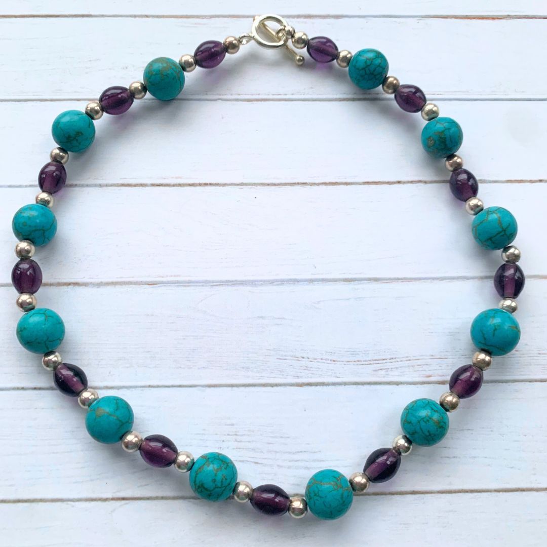 Turquoise & Purple Glass Beads Necklace
