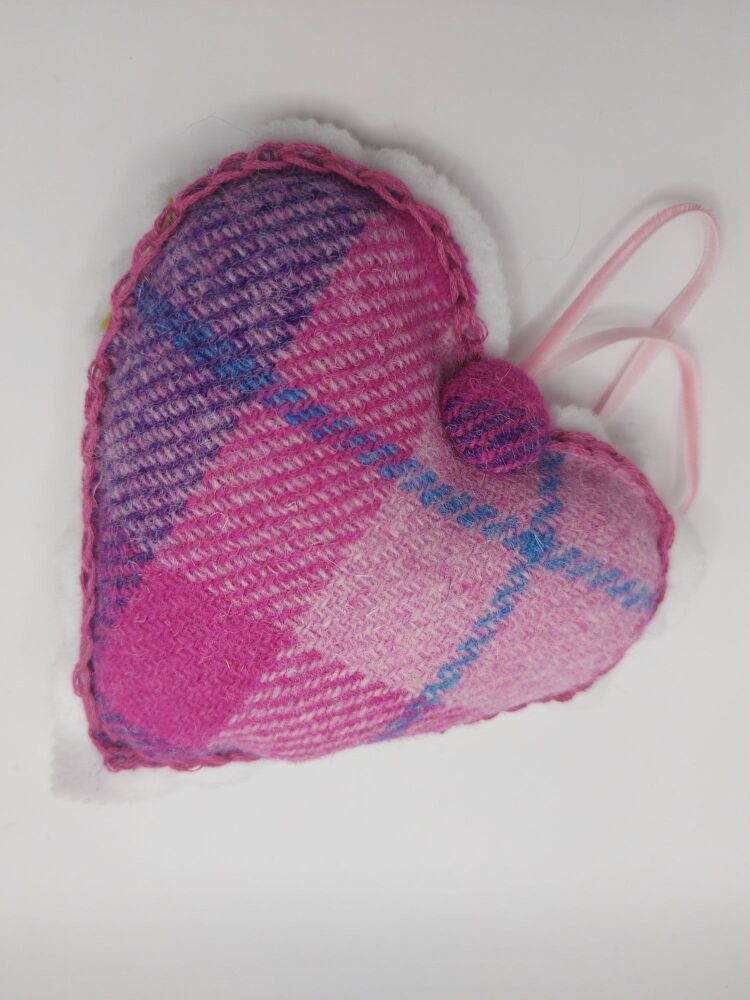 Bright pink Harris Tweed hanging heart