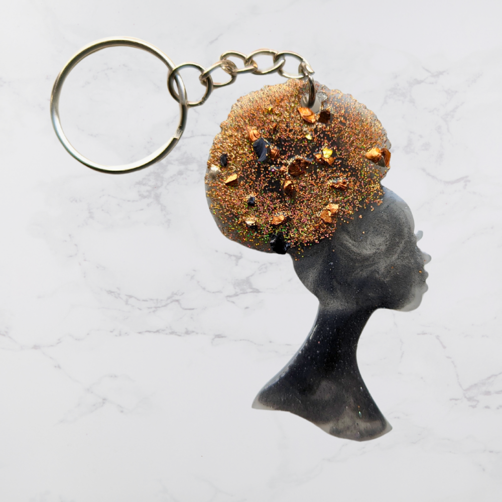 Black and Grey Female Afro-head shaped Keyring