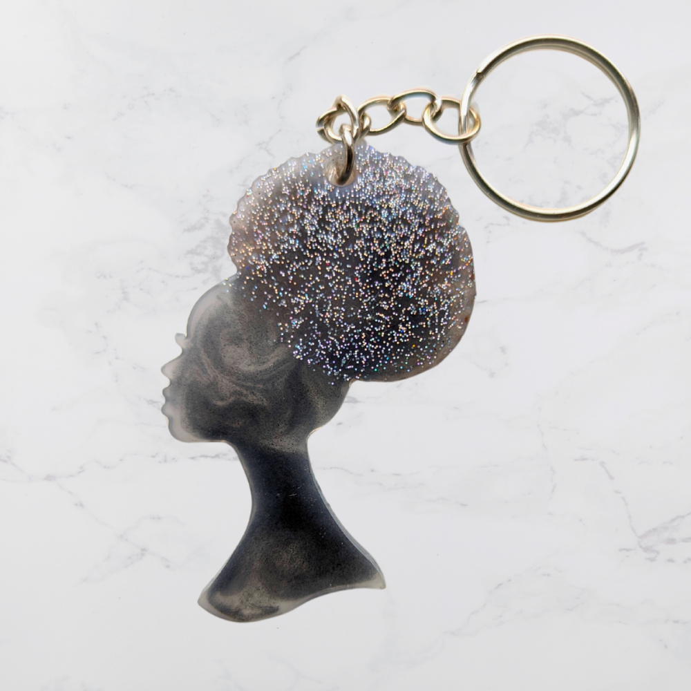 Black and Grey Female Afro-head shaped Keyring