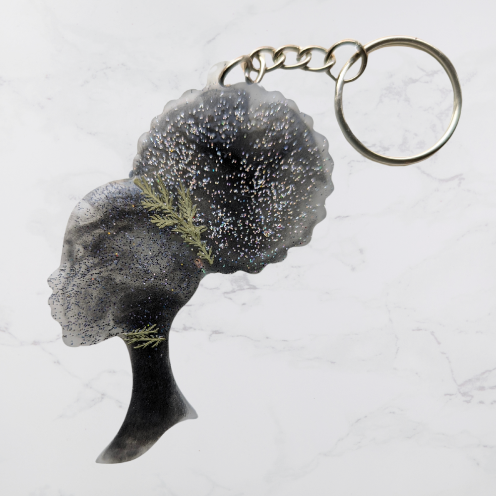 Black and Grey Female Afro-head shaped Keyring