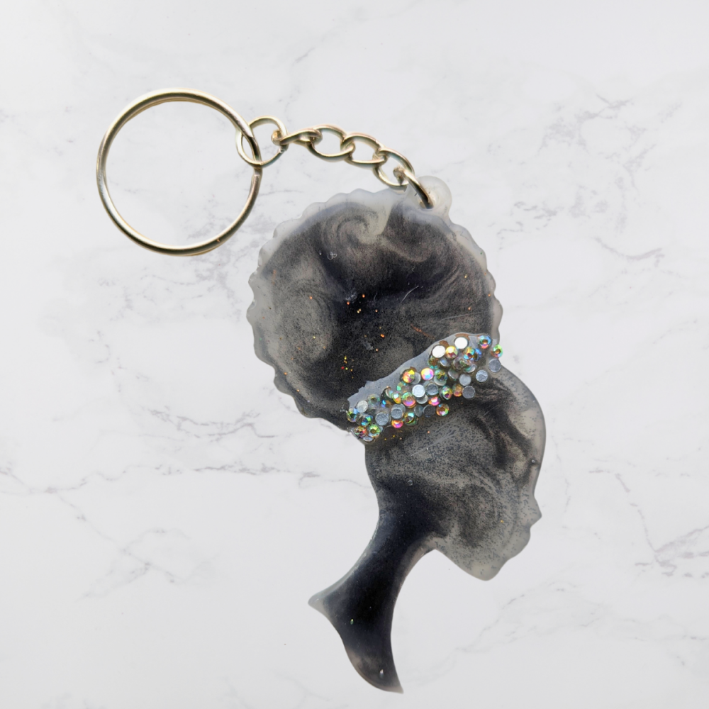 Black and Grey Female Afro-head shaped Keyring