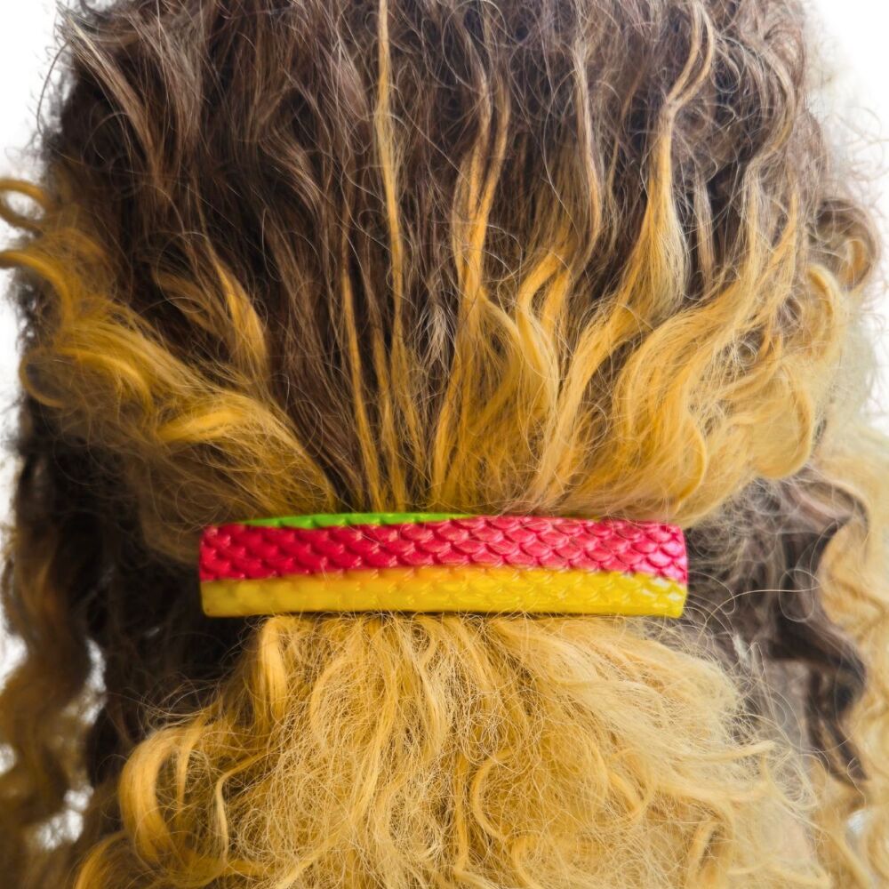 Hair Clip in green, red, yellow stripes