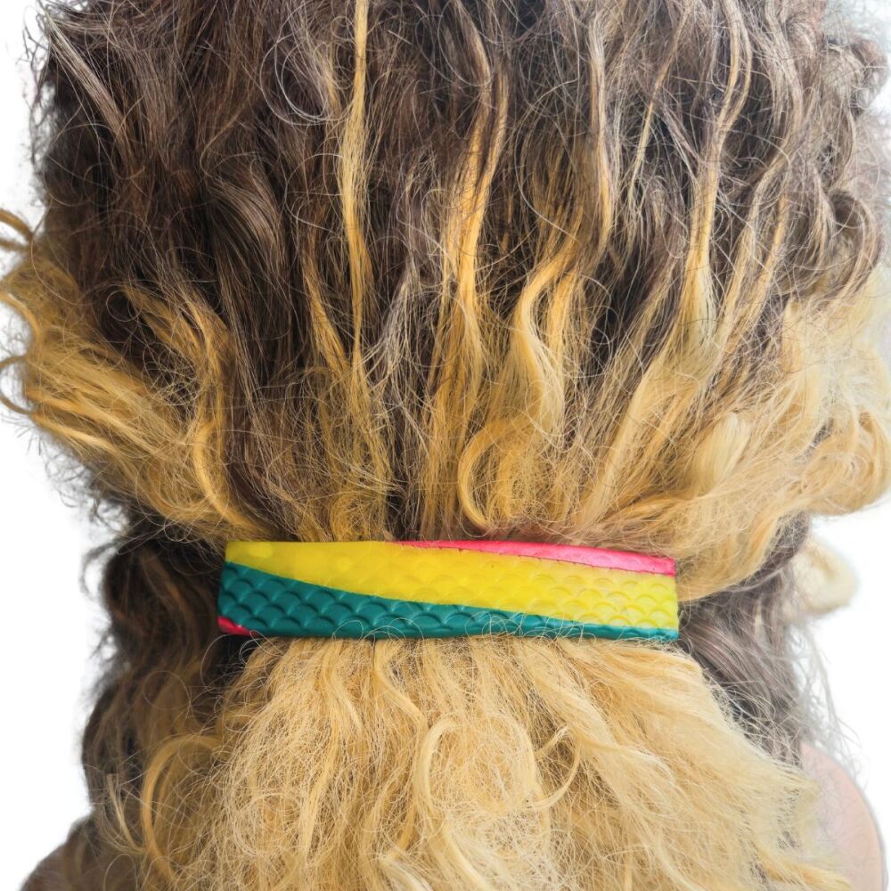 Hair Clip in red, gold and green stripes