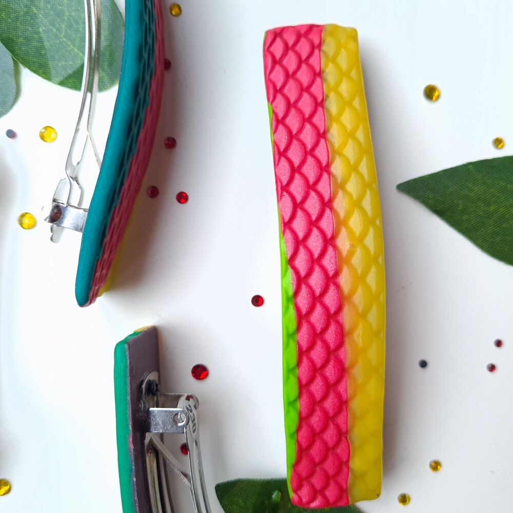 Hair Clip in green, red, yellow stripes