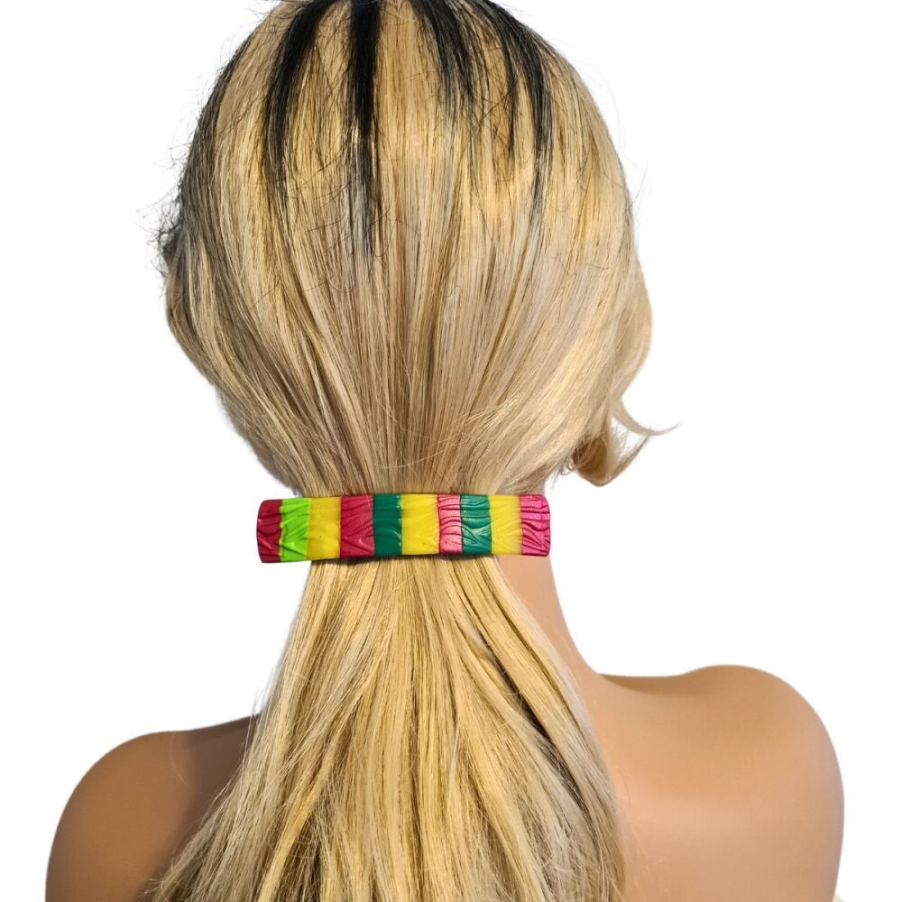Handmade Hair Clip in red, gold and green  stripes