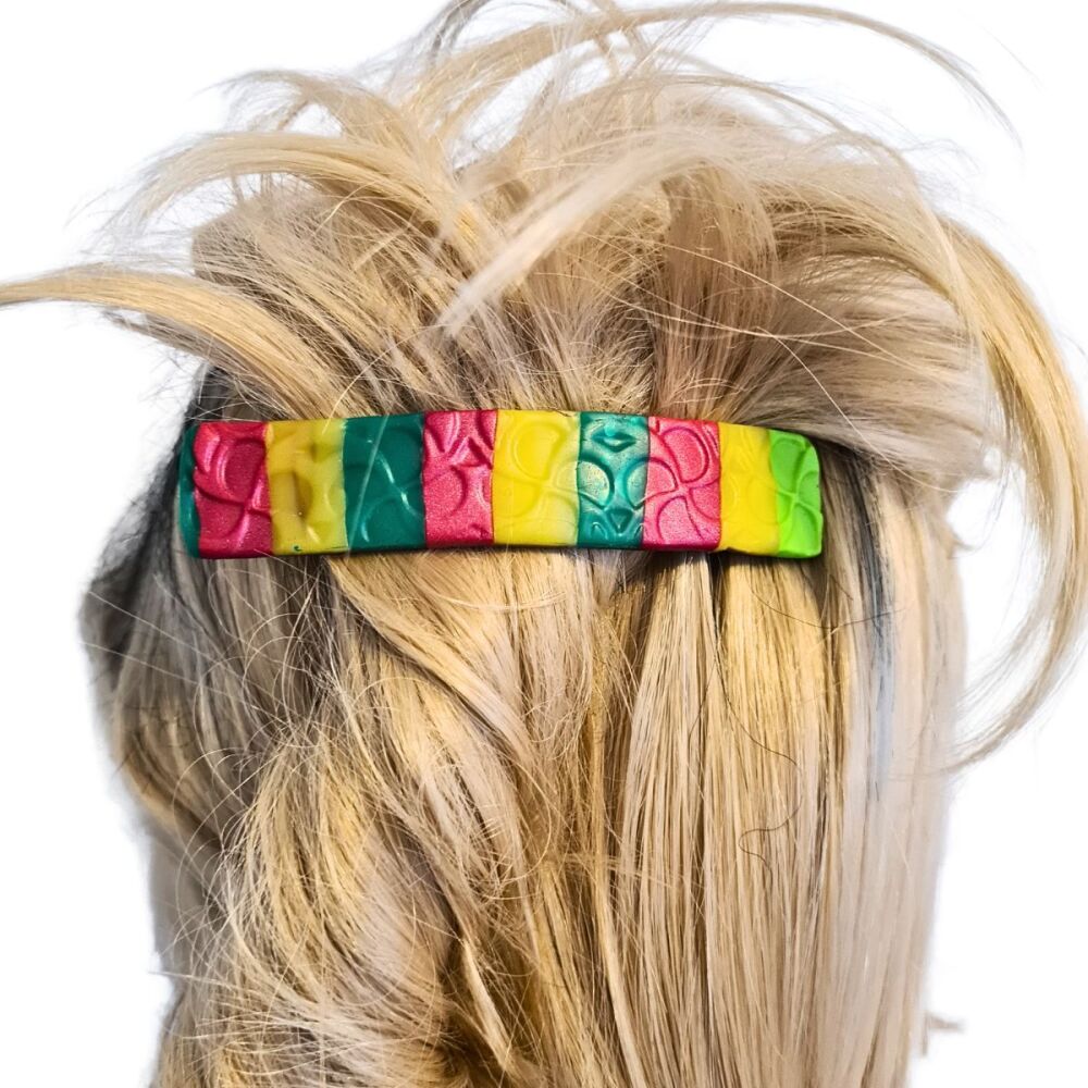 Large Handmade embossed Hair Clip in red, gold and green