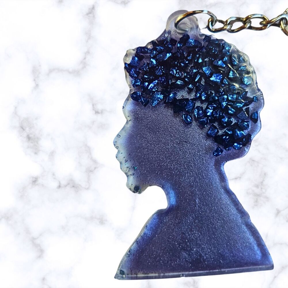 Blue Glass Glitter Male Afro-head shaped Keyring